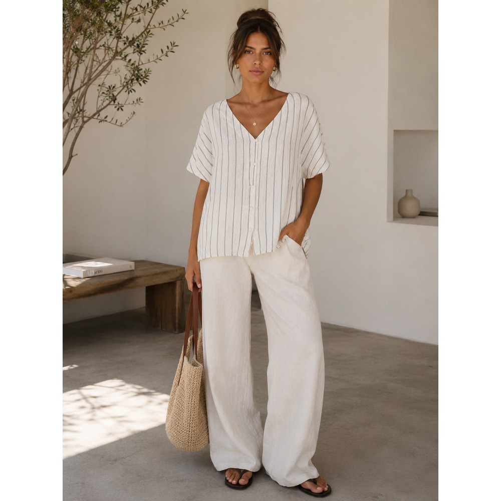 Women's V-Neck Button-Front Striped Blouse - White